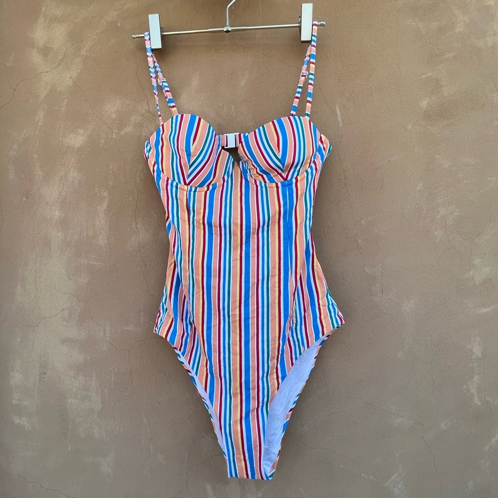 Onia Striped One-Piece Swimsuit in Blue, Red, Orange, Yellow and White